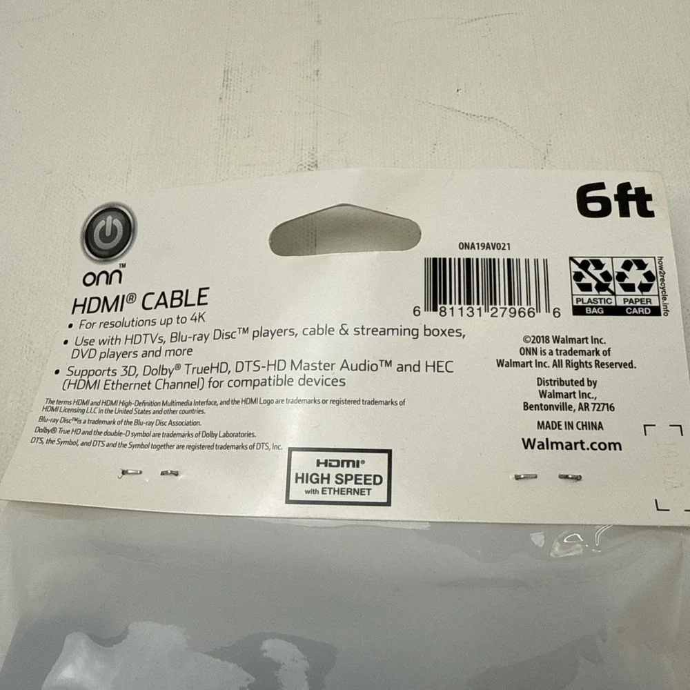 New Sealed ONN 6ft‎ HDMI Cable Black Connects High-Definition A/V Devices
